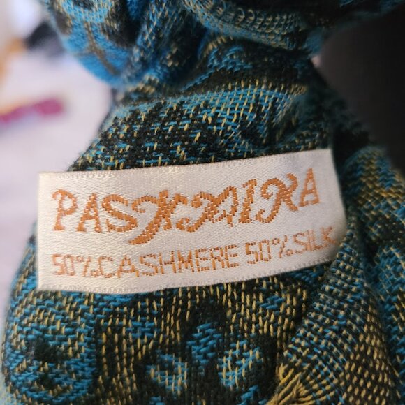 Pashmina Shawl Scarf Cashmere Silk Teal Blue Turquoise Black Paisley Wrap 68x26 - Picture 7 of 7